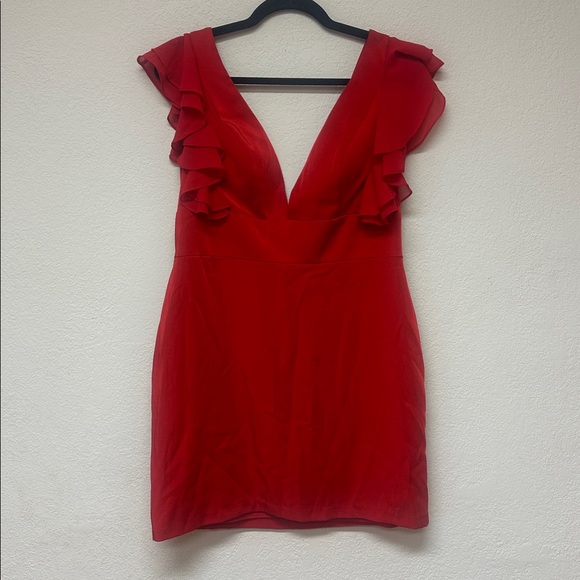 Mac Duggal NWT Ieena Elegant Red Ruffle Sleeve mini Dress size 10 - Picture 2 of 5